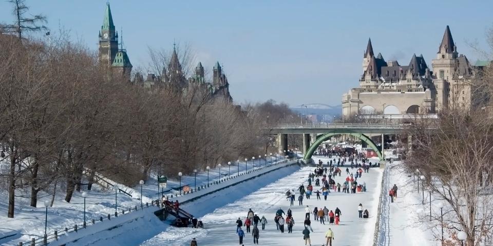 Ice skating on the Rideau Canal (UNESCO) in Ottawa, Ontario Canada