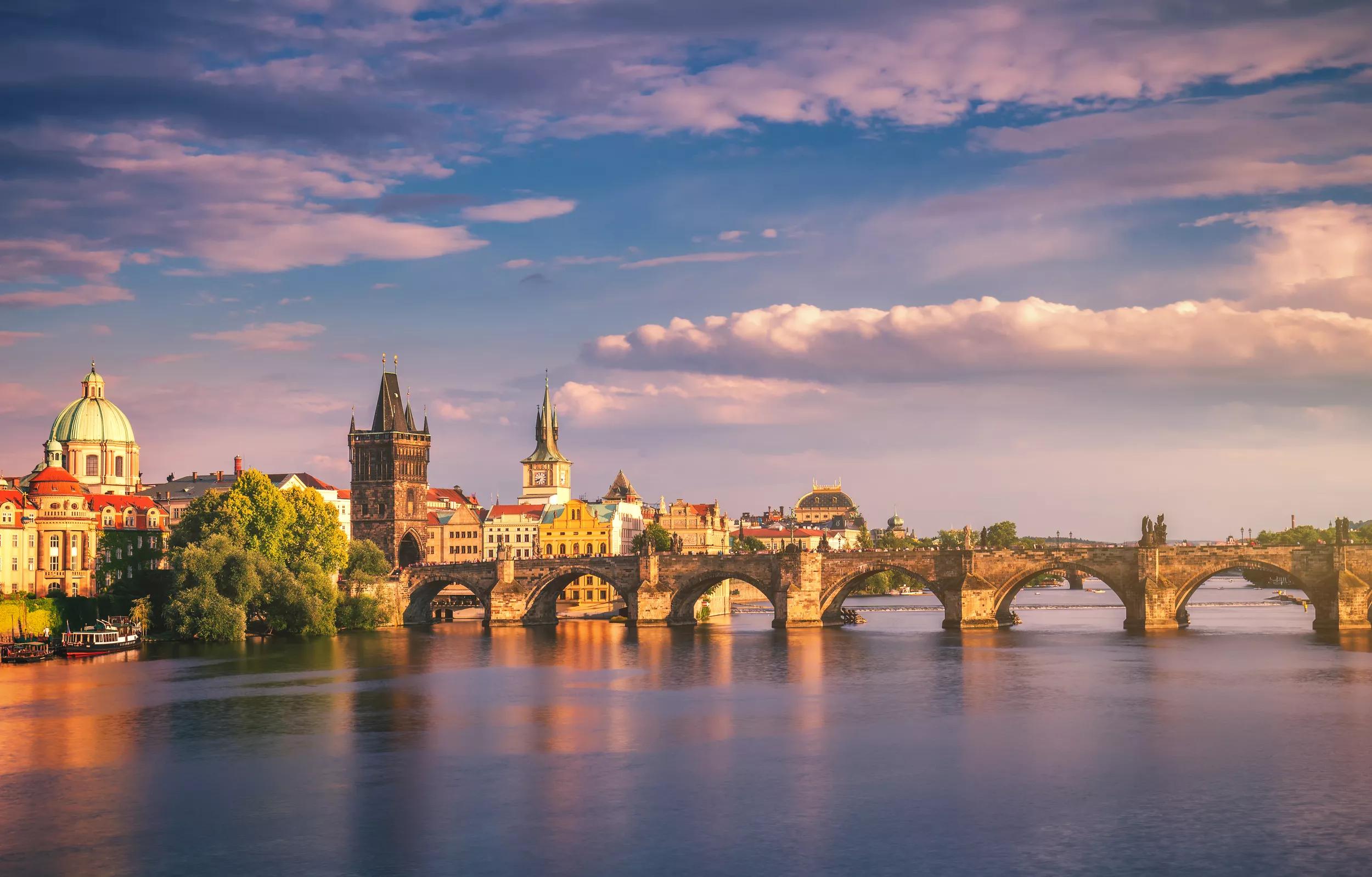 Famous iconic image of Charles bridge, Prague, Czech Republic. Concept of world travel, sightseeing and tourism.