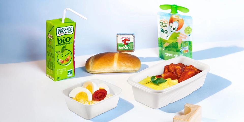 children's meal juice, applesauce, salad, hot dish, cheese