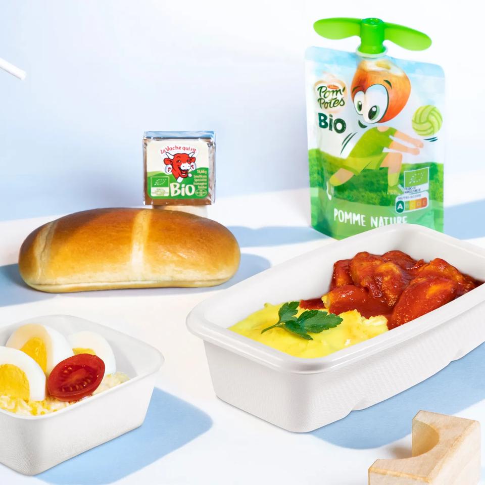 children's meal juice, applesauce, salad, hot dish, cheese