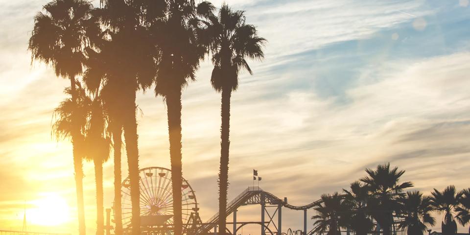 Los Angeles, Santa monica pier with palms silhouettes