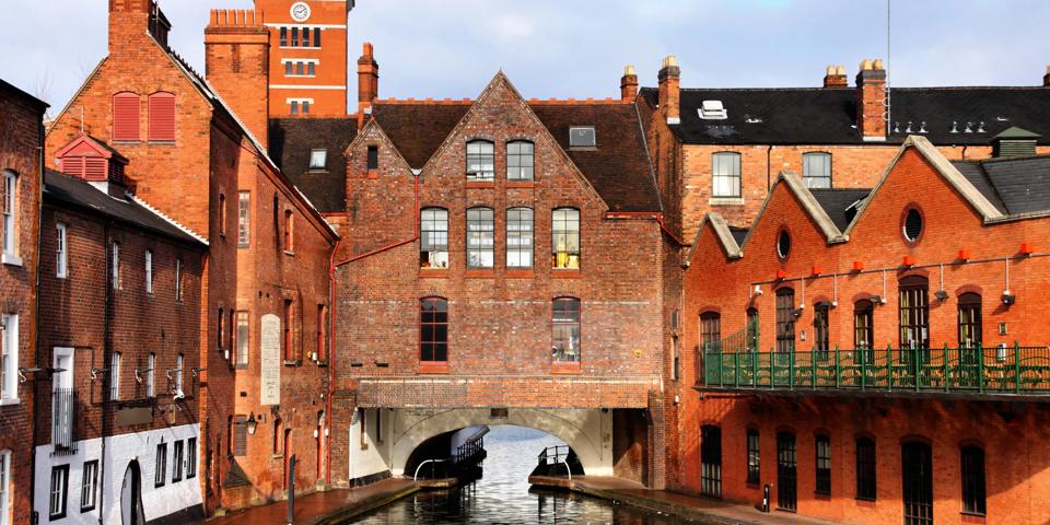 Birmingham water canal network - famous Gas Street Basin. West Midlands, England.