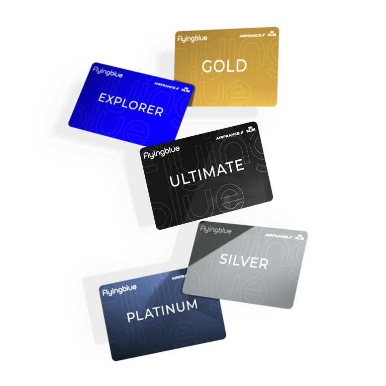 Flying Blue cards, from Explorer to Ultimate, fanned out against an Air France blue background, with a floating effect evoking lightness and travel.