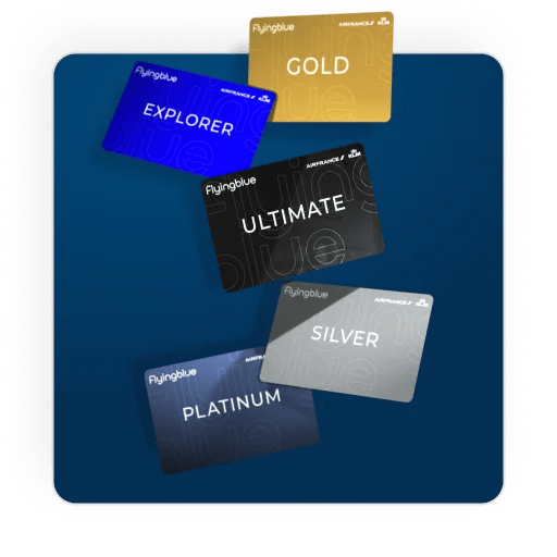 多張藍天飛行會員卡（由探索卡至終極卡）在法航藍色背景上呈扇形排列，懸浮效果帶來輕盈和旅行的意境。